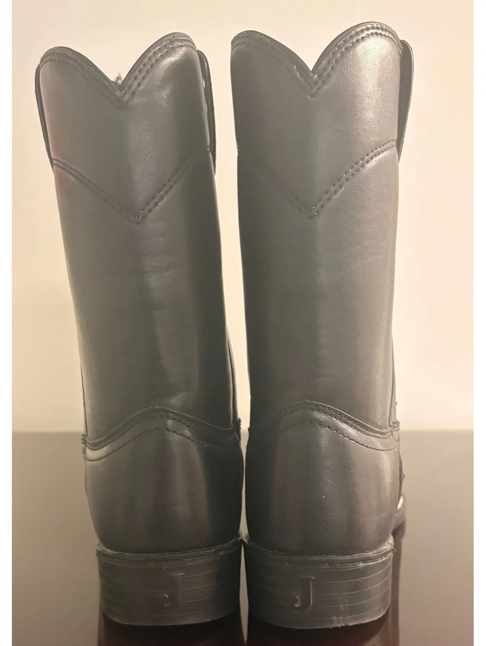 Justin Black Leather Mid-Calf Western Boots with Scalloped Top and Logo Sole
